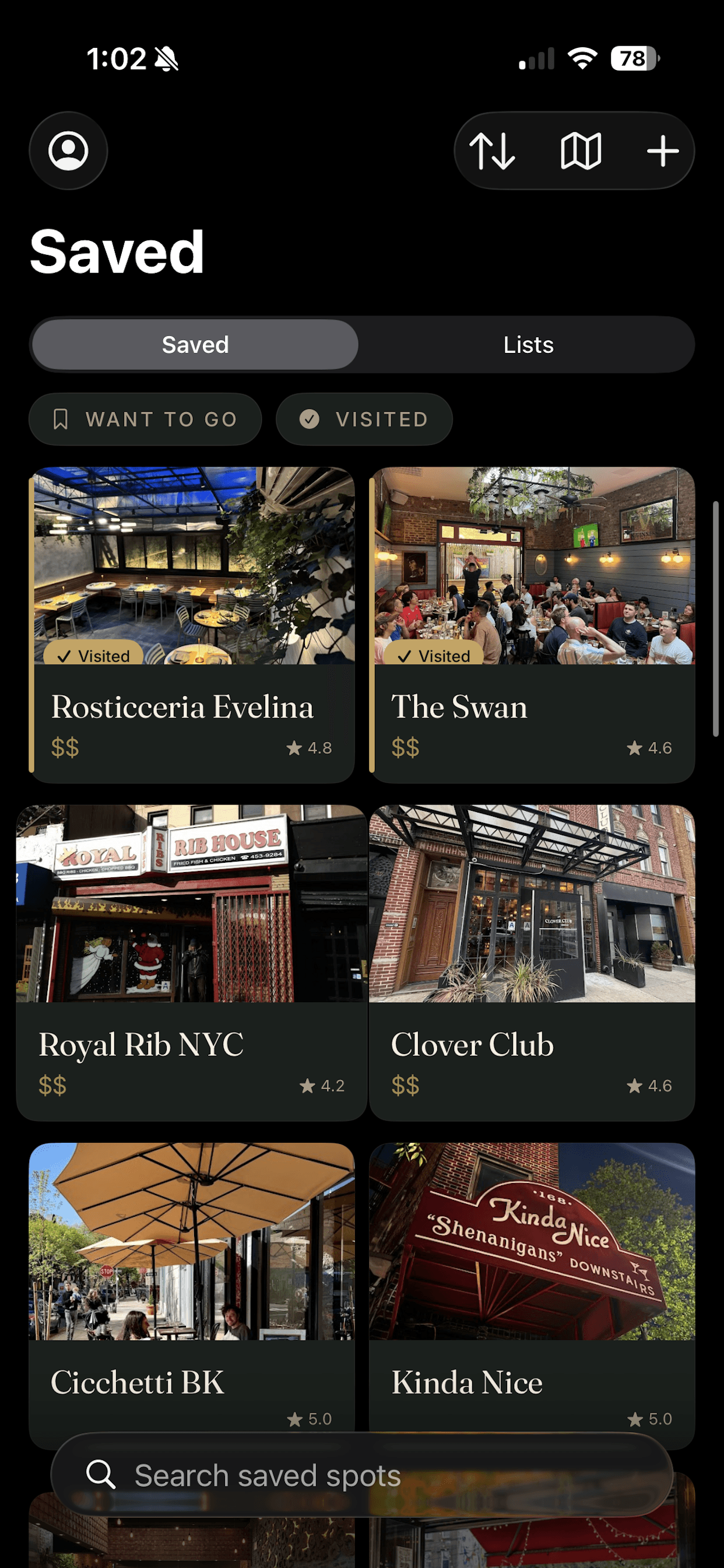 Saved restaurants